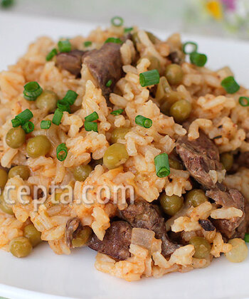 Рис с куриной печенью и зеленым горошком - пошаговый рецепт с фото